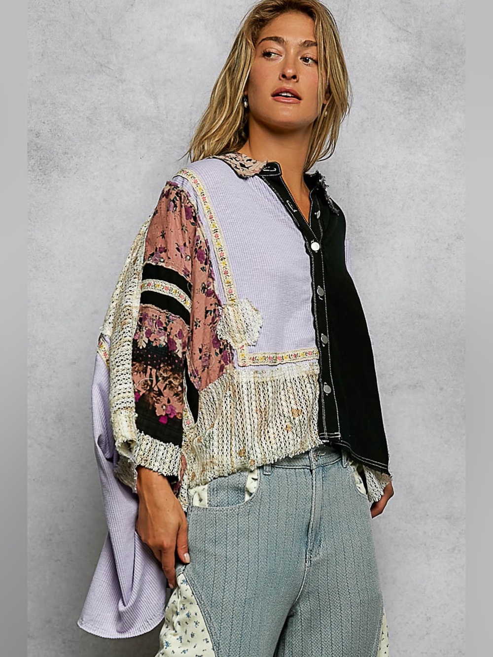 POL “ Topanga Hideaway “ Poncho Patchwork Cotton Oversized Top | Lilac / Black - Picture 7 of 9